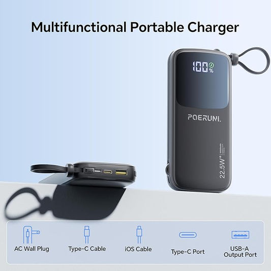 10000mAh Power Bank with a Built-in AC Wall Plug Led Display and Two Built-in Cables.USB-C Fast Charging Compatible with iPhone,Samsung,and Android Smartphones, Portable Charger with Travel.