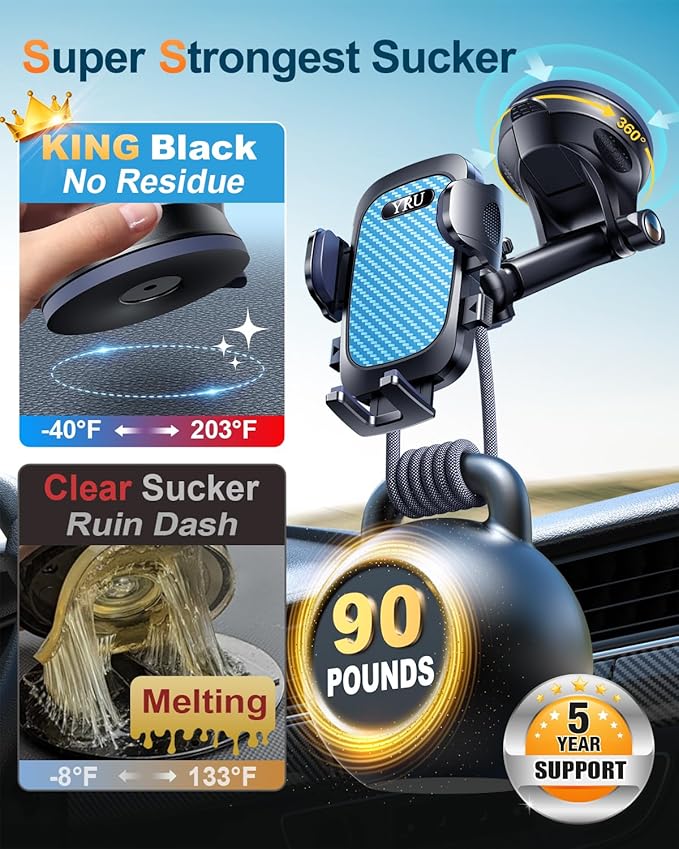 YRU True Military-Grade [360° Rotation Suction] 2025 Ultimate Car Phone Holder Mount 【90+LBS Safest Strongest & Patent Certs】 Dashboard Windshield Vent for iPhone 17 16 Pro Max Samsung, Royal Blue