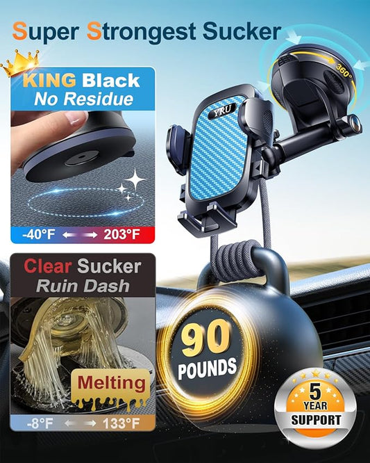 YRU True Military-Grade [360° Rotation Suction] 2025 Ultimate Car Phone Holder Mount 【90+LBS Safest Strongest & Patent Certs】 Dashboard Windshield Vent for iPhone 17 16 Pro Max Samsung, Royal Blue