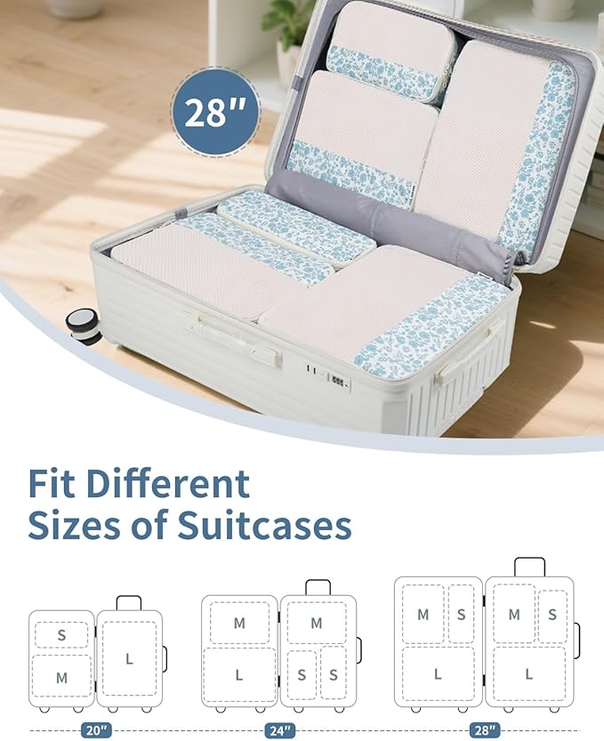 Narwey 7 Set Floral Packing Cubes for Travel Carry on Suitcase Luggage Organizer Bags for Kids Women Men, Durable Packing Organizers Bag, Travel Essentials Accessories (Little Blue Flower)