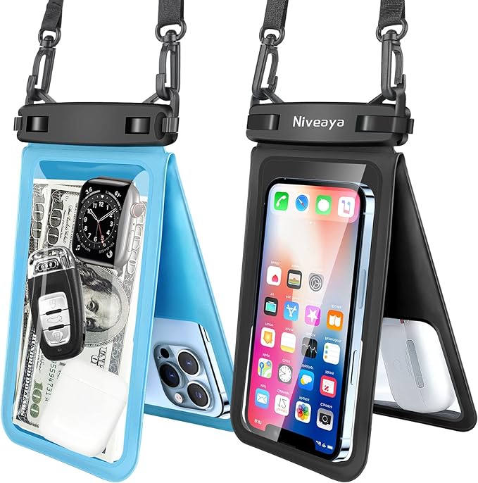 Niveaya Double Space Waterproof Phone Pouch - 2 Pack, Waterproof Phone Lanyard Case with iPhone 16/15/14/13/12 Pro Max up to 8.3", Phone Dry Bags for Vacation Beach Pool Kayak Cruise Travel Essentials