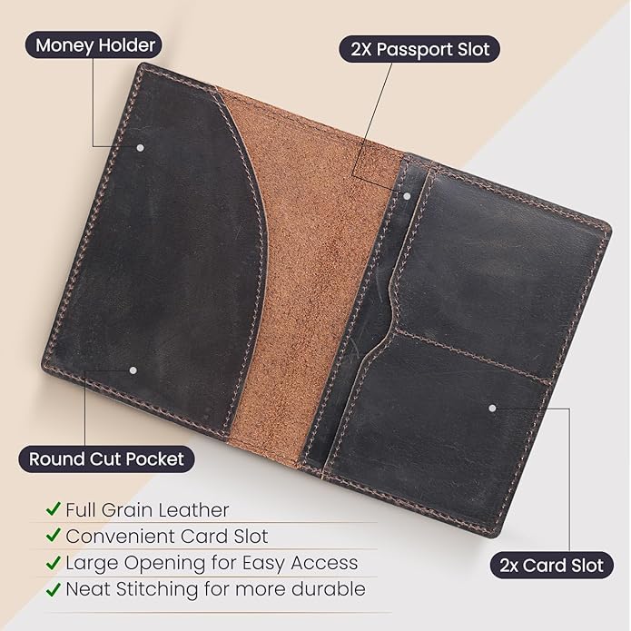 Retro Travel Genuine Leather Passport Holder with Folding Wallet Design