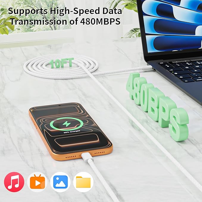 40W Wall Charger with 60W Max,1Pack Foldable Plug & 10FT USB C-C Cable,Quick Charger Adapter Suitable for Devices with Type-C Interfaces,Compatible with 17/ Air/Pro Max/16/15/Pro/Tablet/Earphones