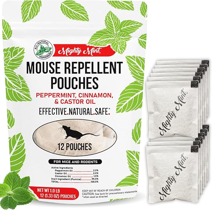 Mighty Mint Mouse Repellent Pouches – Peppermint, Castor Oil & Cinnamon Formula – Natural Indoor Deterrent for Mice and Rodents – Plant-Based, Long-Lasting Protection – 12 Count