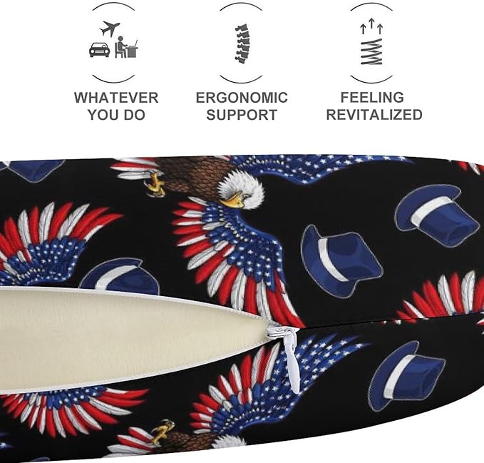 Travel Neck Pillow Memory Foam U Shaped Cushion Bald Eagle Patriotic American Flag, Washable Cover for Airplane Car Office Home Sleeping Pain Relief