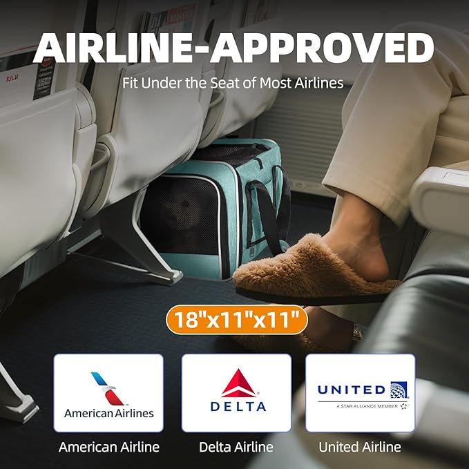 Top Load Medium Cat Carrier Private Curtain, United Approved TSA Pet Travel Crate Suitcase, Soft-Sided Small Dog Vet Friendly Carry Bag 18 x 11 x 11 Inch Delta, American Airline Undereat Teal