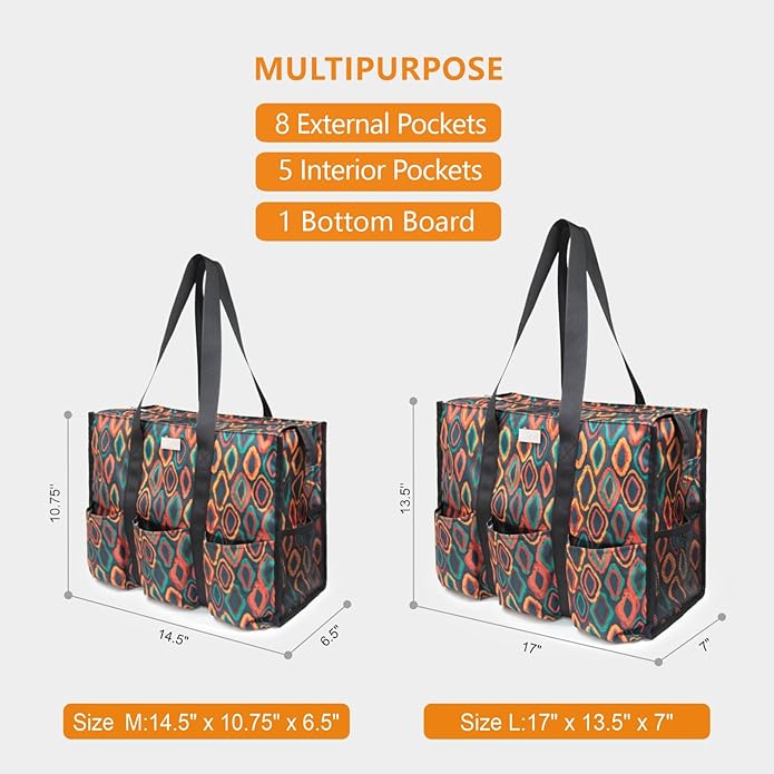 TOPDesign Utility Water Resistant Tote Bag with 13 Pockets, Top Zipper Closure & Thick Bottom Support, for Working Women
