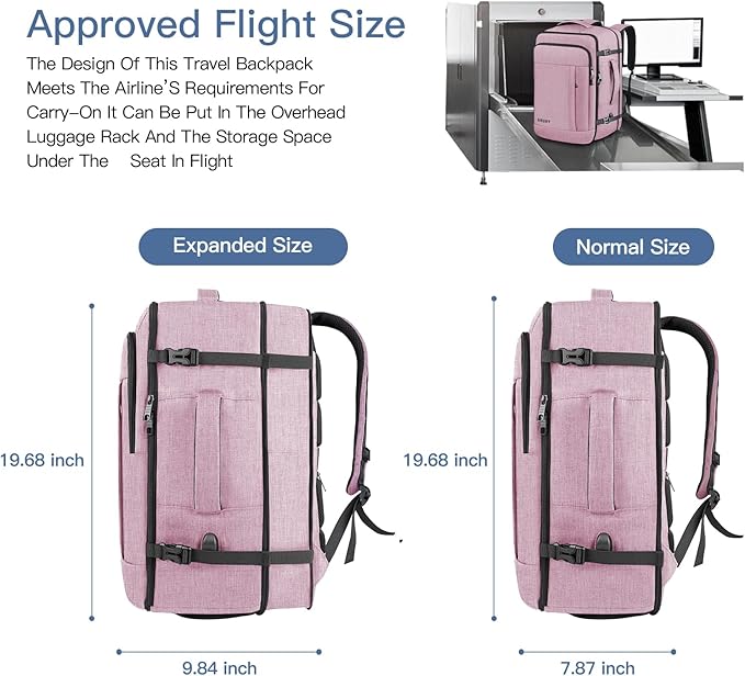 Carry On Backpack, 40-50L Travel Backpack for Men & Women, Expandable Backpack For Airplanes, 17 Inch Laptop Backpack, Luggage Suitcase 40L Daypack Lightweight Business Weekender Bag, Light Pink