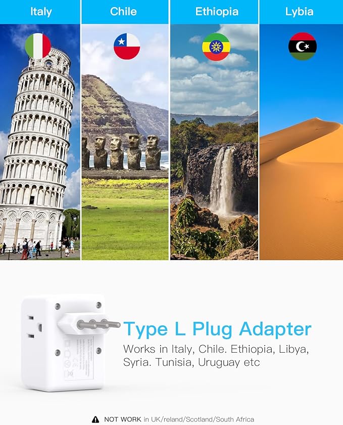 2 Pack Italy Travel Plug Adapter, Type L Italy Power Adapter with 3 Outlets 3 USB Ports(2 USB C), 6 in 1 Travel Outlet Adaptor, 3 Prong Grounded Plug for USA to Italy Chile Uruguay Italian