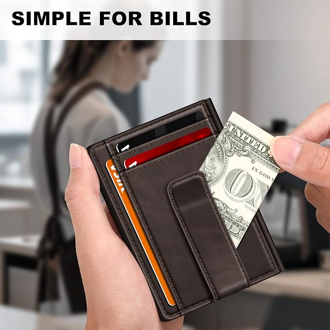 Gtwup Wallet for Men 14-16 Cards, Men's Leather Wallet, Minimalist Thin Card Holder RFID Blocking Money Clip with Simplified Bill Folder & Magnetic Closure, Gifts for Men, Coffee Brown