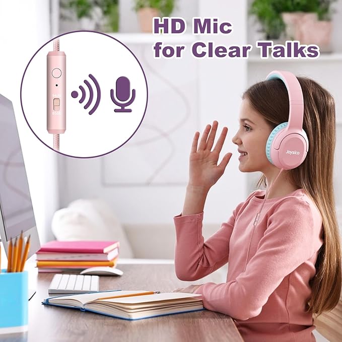 Kids Headphones with Cord & Mic for School Class Airplane Travel, 85/94dB Volume Limit Over Ear Earphones for Boys Girls Teens, Wired Foldable Headset for iPad Tablet Kindle Laptop PC Pink