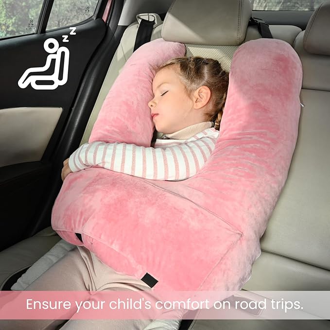 Travel Pillow Car Pillow for Kids, Car Sleeping Pillow for Adults and Kids Support Head and Neck on Road Trips Pink