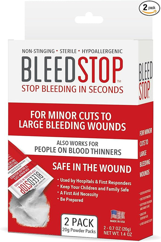 BleedStop™ First Aid Powder for Blood Clotting, Trauma Kit, Blood Thinner Patients, Camping Safety, and Survival Equipment for Moderate to Severe Bleeding Wounds or Nosebleeds - 2 (20g) Pouches