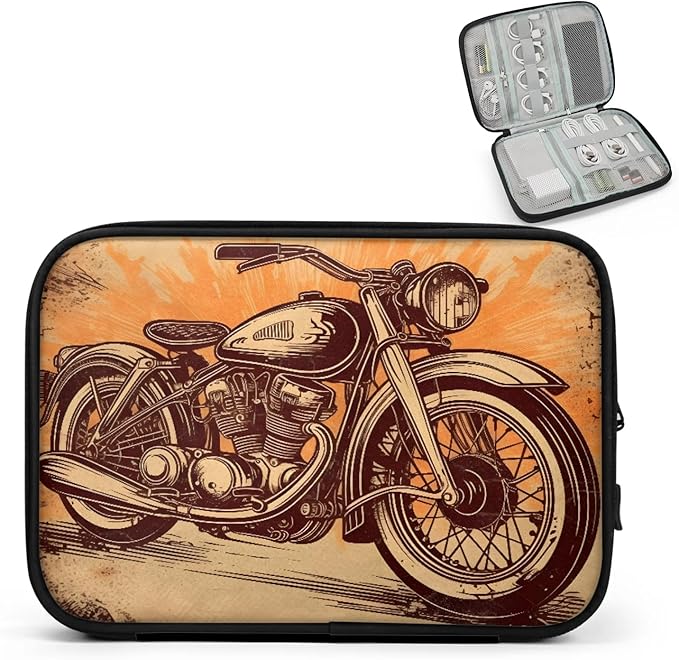 Vintage Motorcycle Travel Cable Organizer Pouch Orange Brown Car Electronics Accessories Carry Case Portable Water Resistant Storage Bag for Cord Charger Phone Earphone SD Card