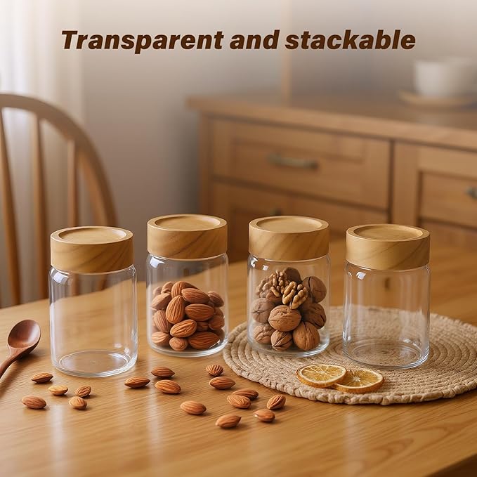 Zoaiirte 6pc 8oz Glass Mason Jars with Acacia Wood Airtight Lids - Food Storage Container Set, Clear Stackable Leakproof Kitchen Canisters for Meal Prep/Snack Organization/Spice Storage