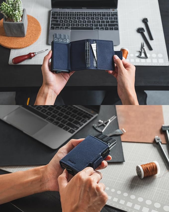 VULKIT Credit Card Holder RFID Blocking Leather Automatic Pop Up Wallet Magnetic Wallet Double Card Case for Men and Women