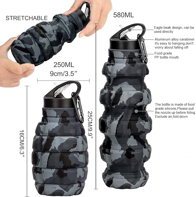 QiCheng&LYS Collapsible Water Bottle Sports Bottle 19.5OZ/580ml Travel Water Bottle for Men Women kids. BPA Free Food Grade Silicone. (Dark gray camouflage cup)