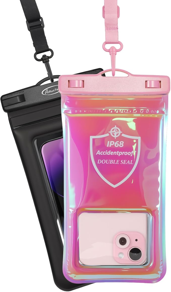 AiRunTech XL Waterproof Phone Pouch,Double Seal Floating Phone Case for Swimming Kayak Paddle Board,Protector iPhone 17 16 15 14 13, River Lake Canoe Boating Beach Accessories(Iridescent Pink+Black)