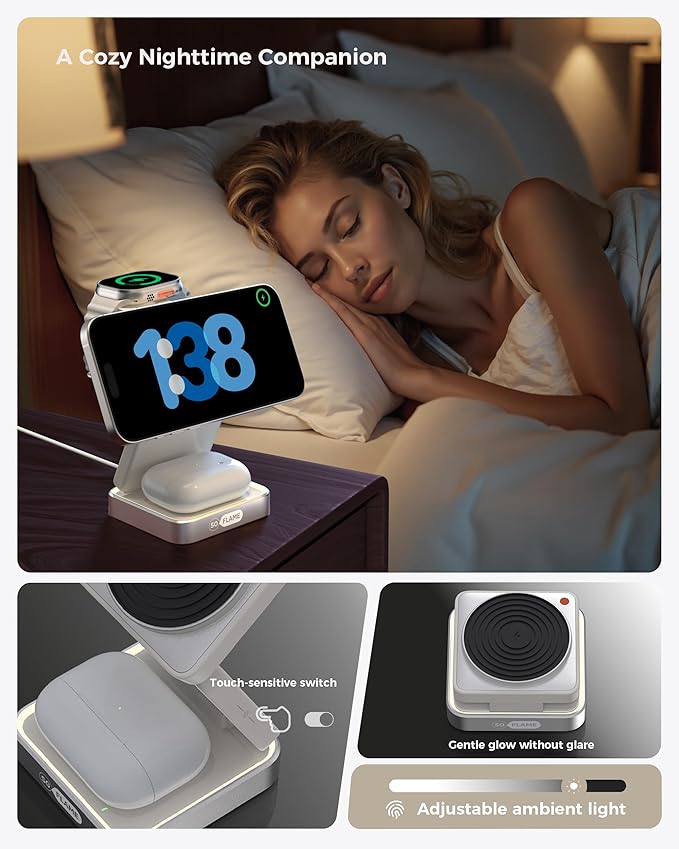 3 in 1 Magnetic Wireless Charging Station for Mag-safe Charger, Foldable Travel Charger with Night Light, 15W Fast Charging Stand with 25W Adapter, for iPhone17-12, Apple Watch, AirPods -Beige