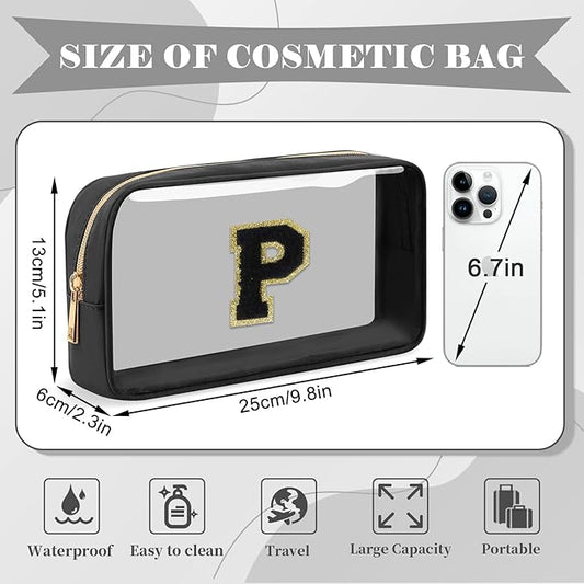 Personalized Initial Letter Clear Makeup Bag,Preppy Small Nylon&PVC Cosmetic Zipper Bag with Chenille Letter,Travel Skincare Toiletry Bag,Monogram Christmas Gift for Teen Girls Women,P