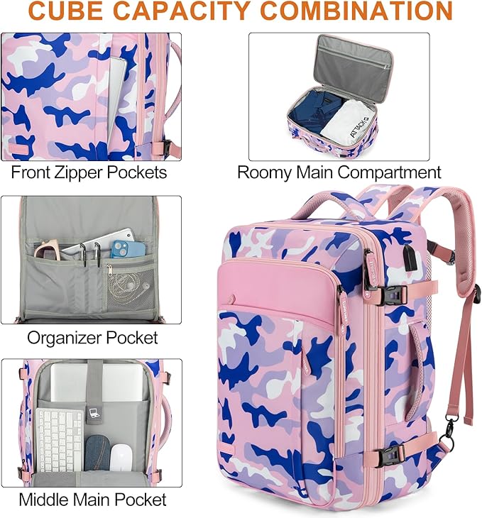 Lumesner Carry on Travel Backpacks, Extra Large 40L Flight Approved for Men & Women,Expandable Suitcase backpack (Camouflage Pink(Backpack With 4 Packing Cubes))