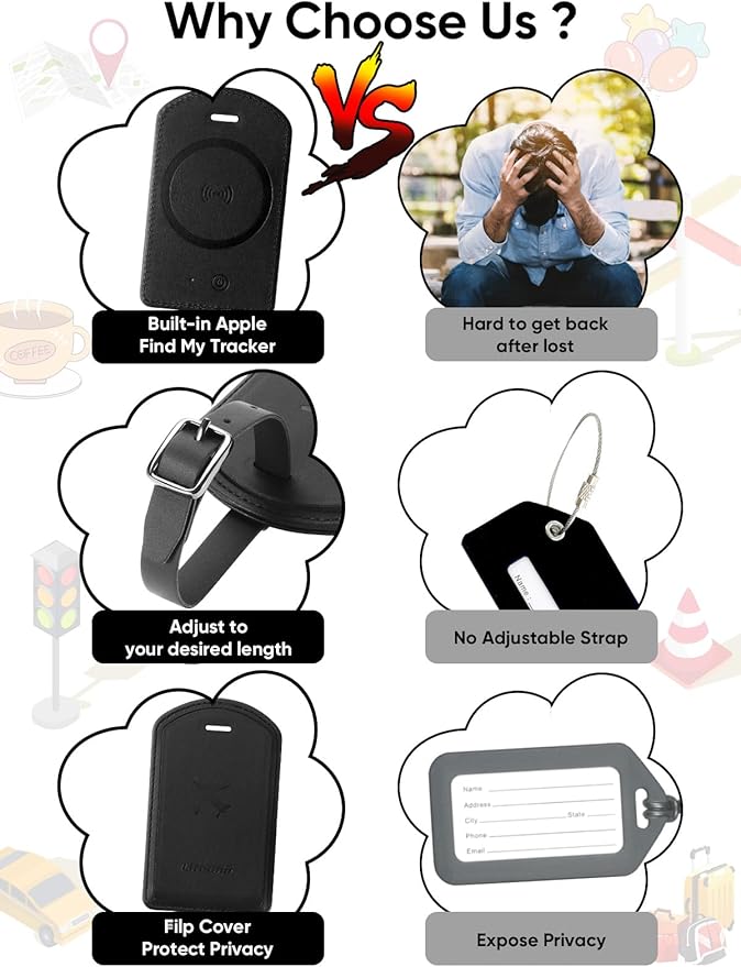 Luggage Tags Built-in Anti-Loss Tracker, Luxury Leather Luggage Tags for Suitcase, Travel Bags, Backpacks, Travel Organizer for Lost Baggage Prevention (Black*4 Pack)