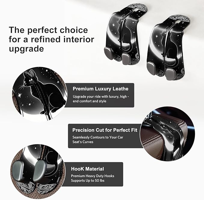CoBak Purse Hook for Car - Universal Premium Stitched Leather and Aluminum-Magnesium Alloy Double Car Seat Back Storage Hook for Purses, Handbags, Bags (2 Pack),Mystic Night