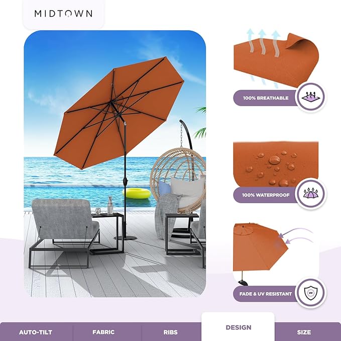 Midtown Umbrellas 10-Year-No-Fade - 6 Ft - UV Proof Terracotta Orange Polyester Fabric - Umbrella Outdoor Patio, Aluminum Frame Large Patio Umbrella for Garden, Pool & Deck - Black Pole