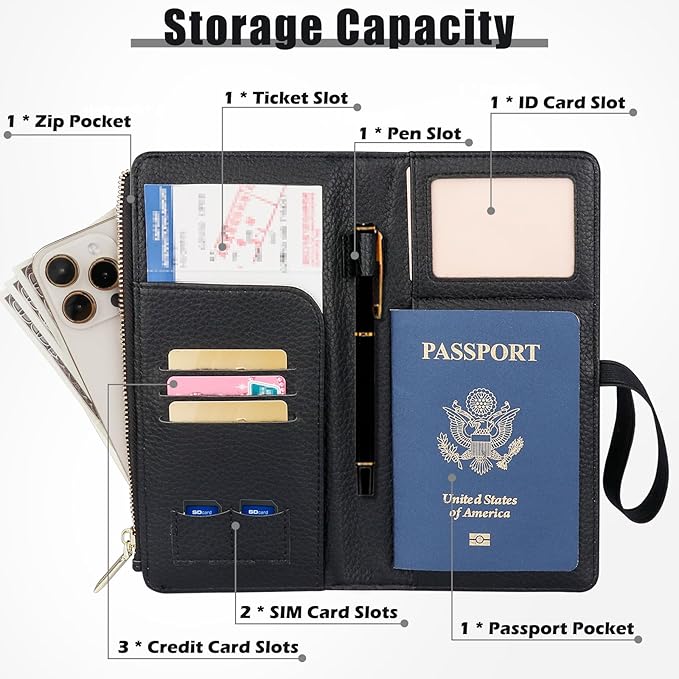 Travel Passport Wallet, RFID Blocking Passport Holder with Zipper, Passport Cover for Women Men, PU Leather Travel Document Organizer with Card Slots, Gift for Family Friends, Black