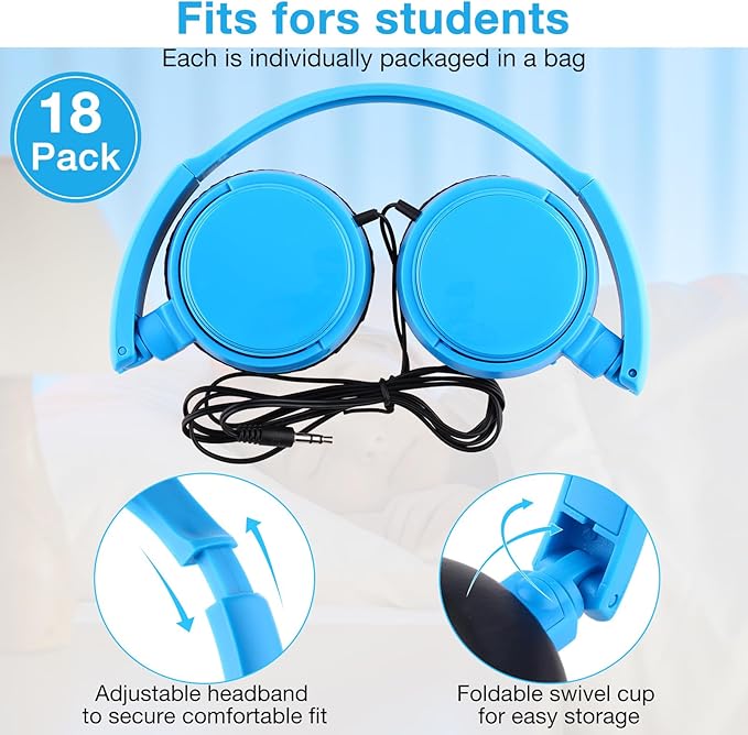 Yunsailing 18 Pack Classroom Headphones Bulk Student Wired Class Headphones Set for School with Individually Wrapped Adjustable Over Ear Head Earbuds (Blue)