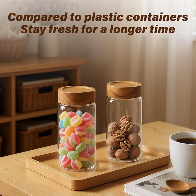 Zoaiirte 2-Pack 13 oz Glass Mason Jars with Acacia Wood Lids - Sealable, Leakproof, Clear & Stackable Food Storage Containers for Spices, Meal Prep, Flour, Sugar & Snack Storage