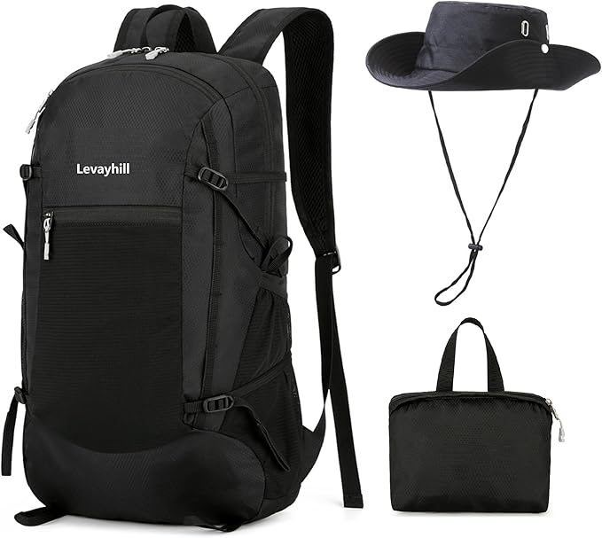 30L Foldable Backpack & Bucket Hat 2 In 1 Combo, Lightweight packable Travel and Fisherman Hat Set, Compact Collapsible Daypack with Sun Hat (Black)