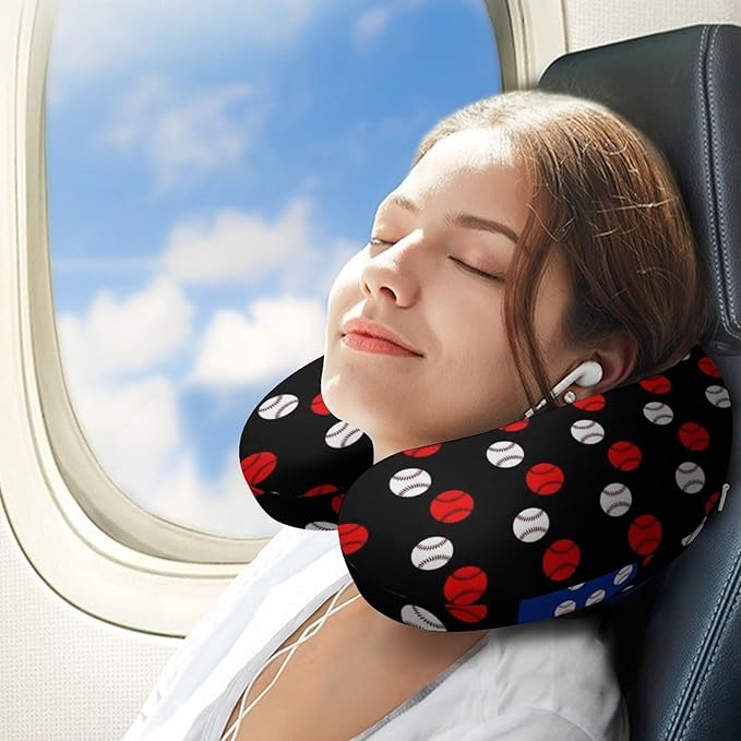Funny Memory Foam Neck Pillow Travel U Shaped Cushion with Zip Cover, Chin Support for Airplane Car Office Home Nap, Baseball Art Black American Flag
