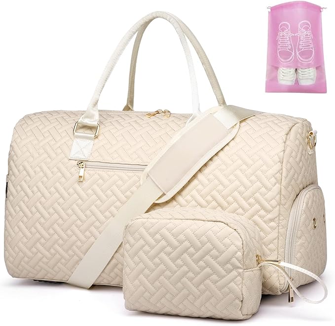 Duffle Bag for Travel, Weekender Bag with Shoe Compartment, Carry On Overnight Bag for Women with Toiletry Bag, Gym Bag with Wet Pocket, Hospital Bags for Labor and Delivery Beige