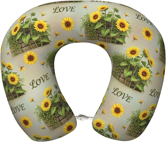 Comfortable Memory Foam Neck Pillow Retro Sunflower, Travel U Shaped Airplane/Car/Flight Pillows with Removable Zipper Cover, Chin Head Neck Support Cushion