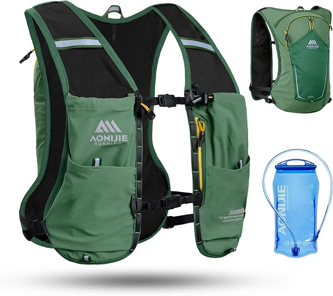AONIJIE Running Hydration Vest for Men & Women, 8L Hydration Backpack, Multiple Pocket Designs for Water Bottles/Bladders, Lightweight Breathable for Hiking, Climbing, Marathon & Cycling - Green