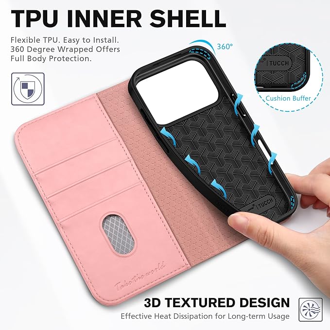 TUCCH Case Wallet for iPhone 17 Pro (6.3") 2025, RFID Blocking 3 Card Holders | Kickstand | PU Leather | Protective Flip Folio Cover | TPU Shockproof Interior Shell | Pink