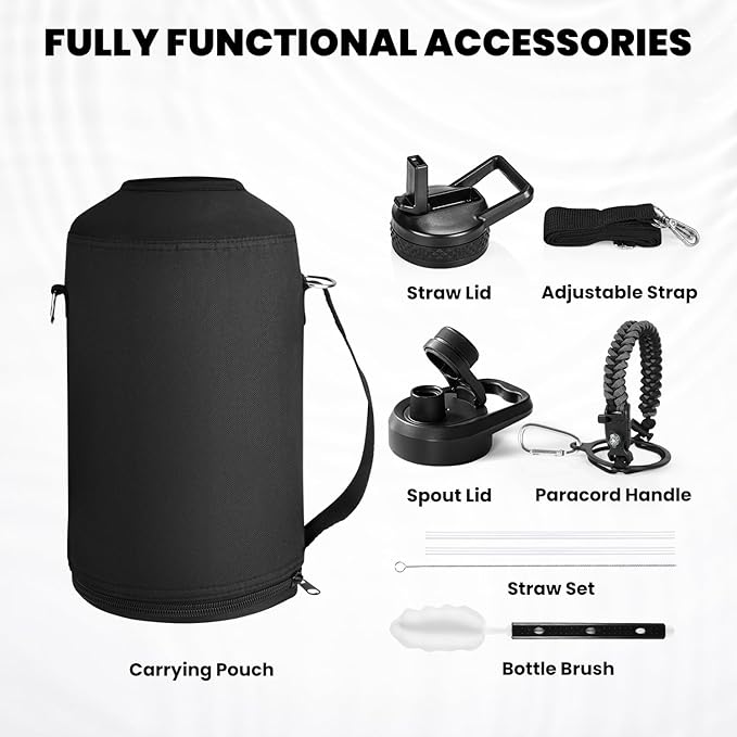 One Gallon Water Bottle Insulated, Triple Walled Vacuum Stainless Steel (Cold for 48 Hrs), Leak Proof & Non-BPA, Large Water Flask Jug with Paracord Handle & Straw Spout Lids