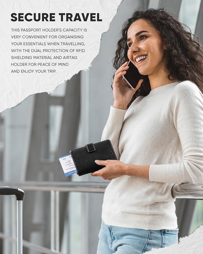 VULKIT Passport Holder with Airtag Holder RFID Blocking Passport Wallet Travel Leather Passport for Women(Black Brown)