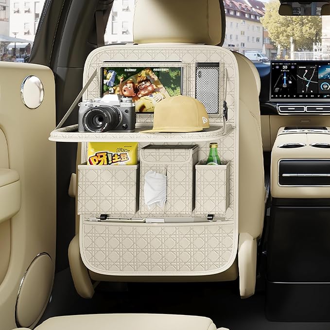 GMQ Backseat Car Organizer 1 Pack, Car Back Seat Organizers with Tray,Multifunctional Car Seat Back Organizer with Foldable Tablet Holder (Beige, 1 PC)