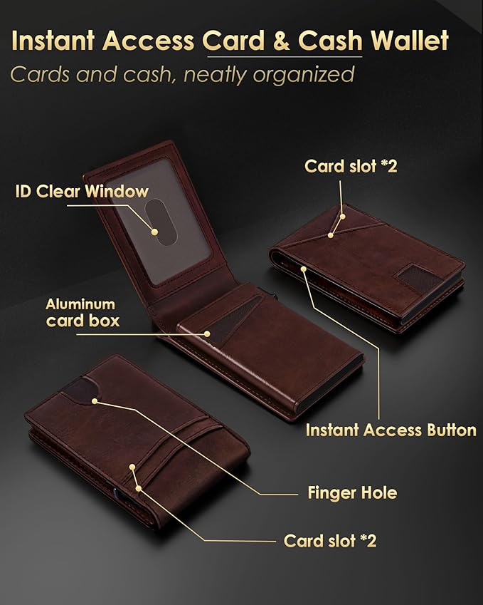 Wallet for Men - RFID Blocking [Functional & Practical] Bifold Slim Minimalist Credit Card Holder Pop Up Metal Case with Cash Slot, Front Pocket with ID Window, Gift Boxed