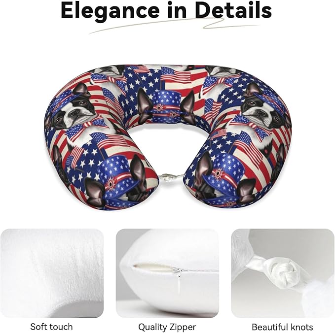 Memory Foam Airplane Pillow American Flag Boston Terrier for Car Chin Head Neck Supporting, U Shape Pillows Travel Cushion for Office, Nap Sleeping
