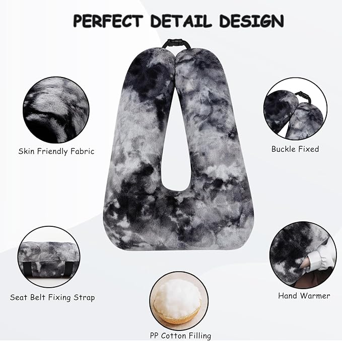 Kids Travel Pillow for Car Seat with Hand Muff, Cartoon Neck & Headrest Seat Belt Pillow for Car Road Trips Long-Distance Travel Sleeping Pillow for Adults and Children, Tie-dye - Ink Painting