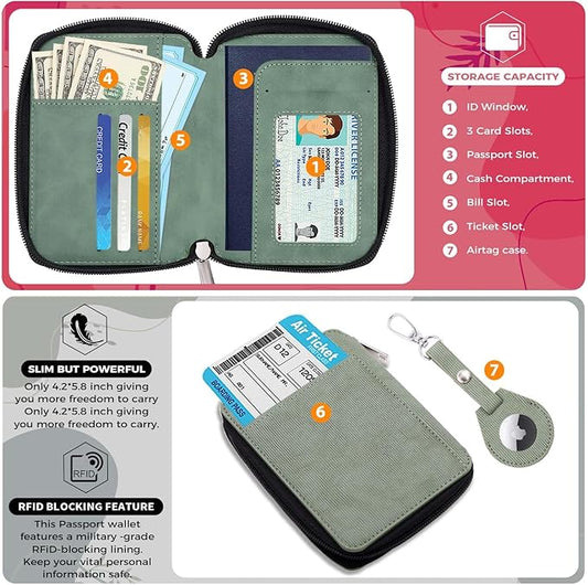 Cnycmy Passport Holder with Airtag,Passport-Wallet-Holder for Women, RFID Passport Holder with Slot Waterproof, PU Leather Travel Passport Case (Green3)