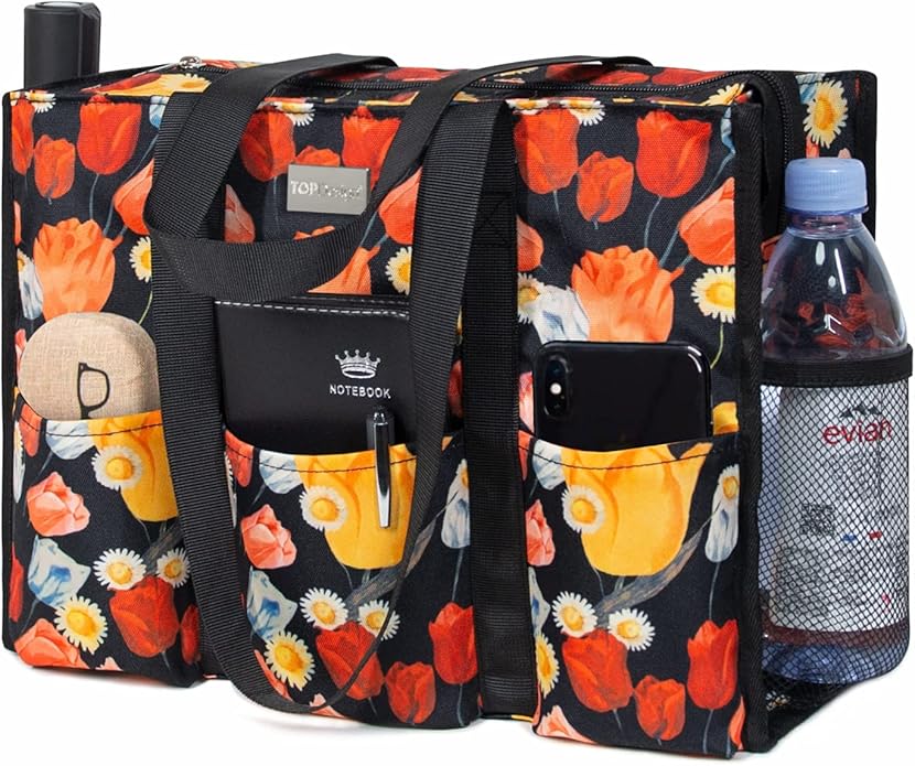 TOPDesign Utility Water Resistant Tote Bag with 13 Pockets, Top Zipper Closure & Thick Bottom Support, for Working Women