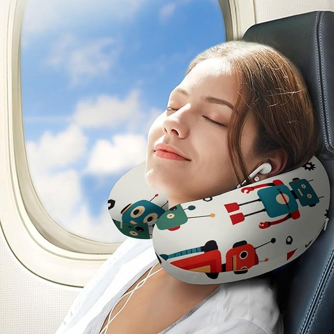 Chin Supporting U-Shaped Neck Pillow Memory Foam Travel, Robots On Gray U-Shape, Office Home Airplane Comfort