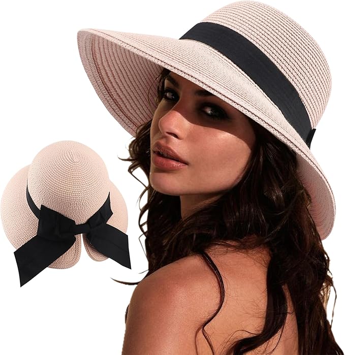 DRESHOW Sun Hats for Women Travel Fedora Foldable Beach Sun Hat Summer Wide Brim Straw Bucket Hat with Bowknot UPF 50+