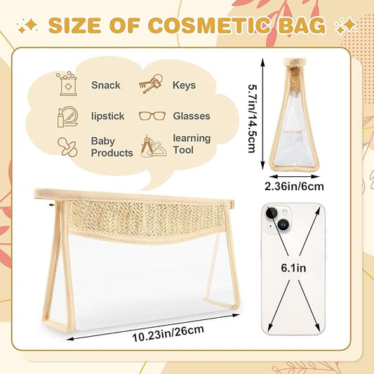 Personalized Initial Letter Bag Boho Straw Clear Makeup Bag,Small Cute Chenille Varsity Letter Pouch With Zipper,Beach Travel Toiletry,Portable Monogrammed Cosmetic Bag for Women Girls