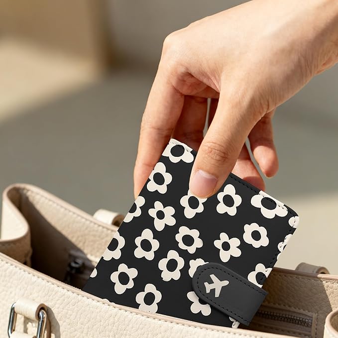 Passport Holder, Travel Wallet Cover with Pen Loop | Cute RFID Blocking Leather Case with Magnetic Closure for Travel Essentials-Flower
