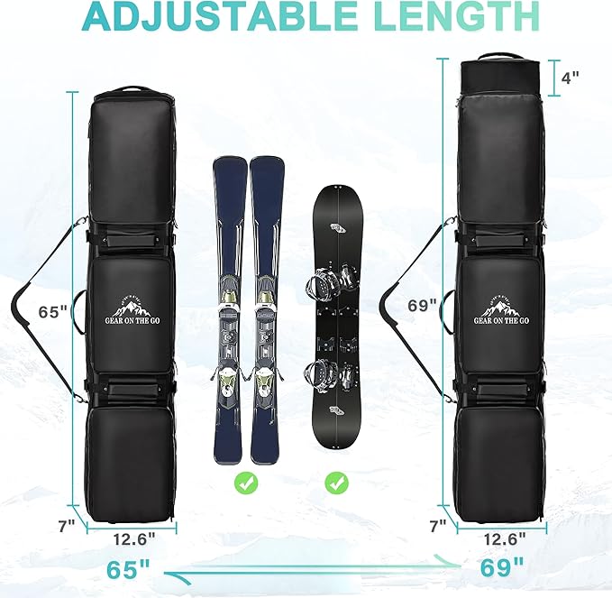 Ski Bag with Wheels, Extendable Snowboard Bag, Waterproof 900D Ski Bags for Air Travel, Padded Snowboard Bag with Backpack & Shoulder Strap